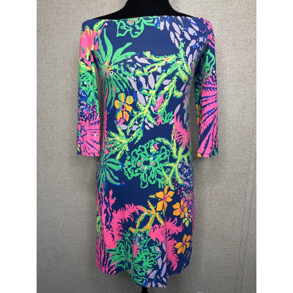 Lilly Pulitzer Off Shoulder Dress‎ XXS Tropical Print 3/4 Sleeve Mini